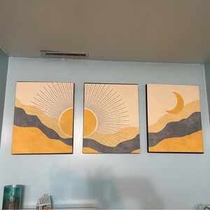 Sunrise & Moon Triptych Wall Art in Mustard, Gray, Cream